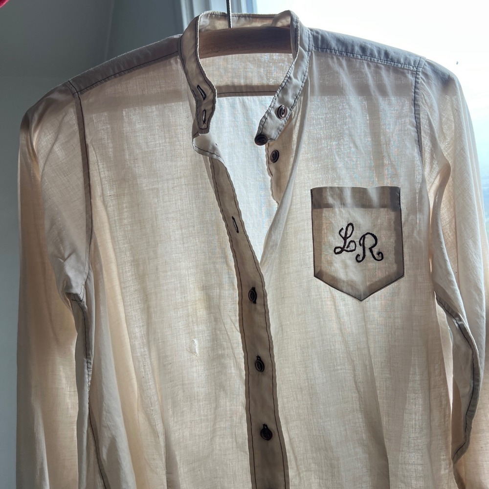 Vintage 70s Button Down Shirt Cream Mandarin Collar Western Contrast Stitch Boho